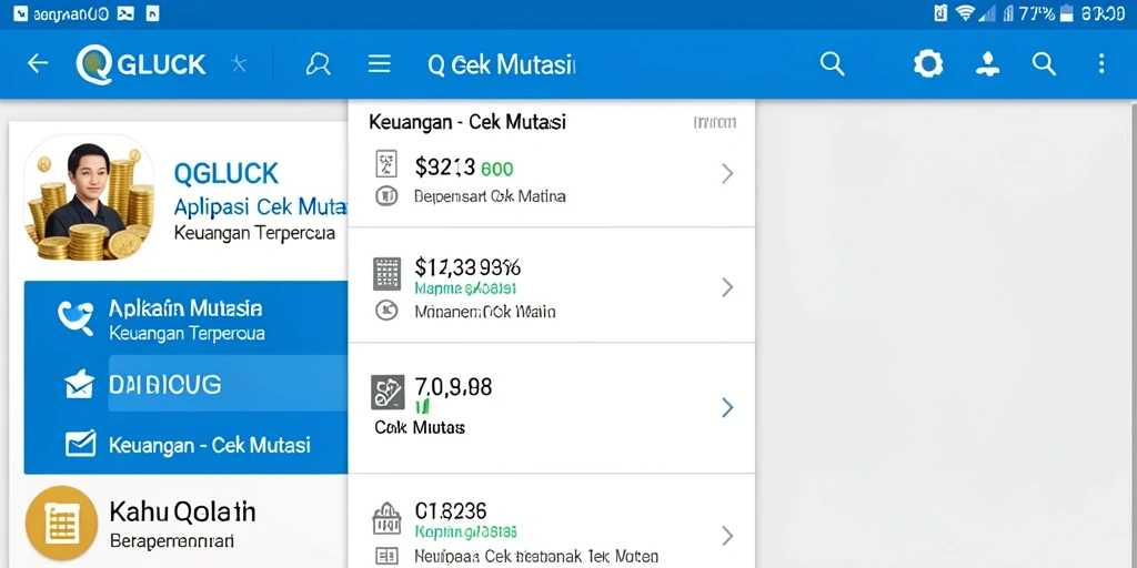 Tampilan antarmuka QGLUCK untuk cek mutasi keuangan.