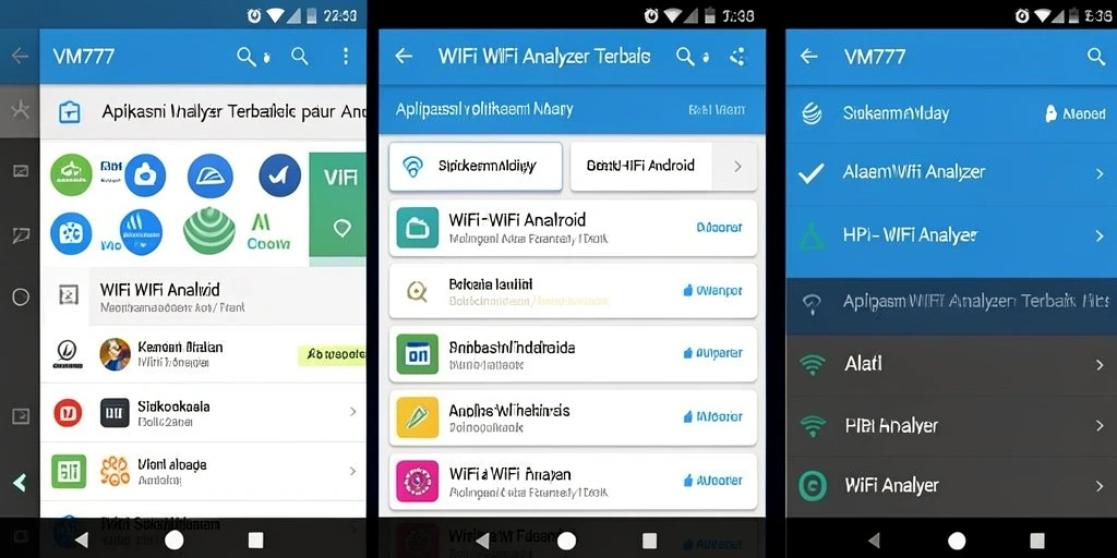 Tampilan antarmuka aplikasi VM777 dengan fungsi WiFi Analyzer yang modern.